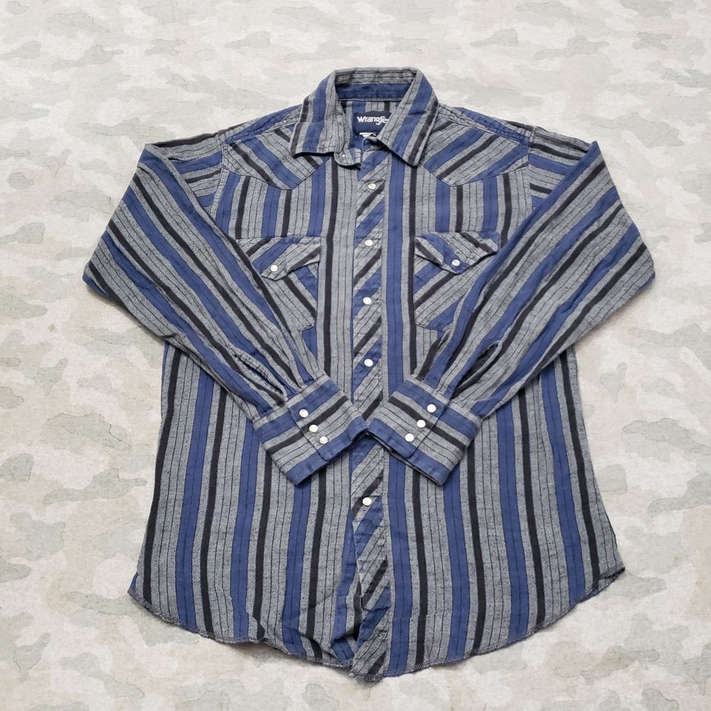 Wrangler Blue and Gray Striped Casual Button Down Shirt